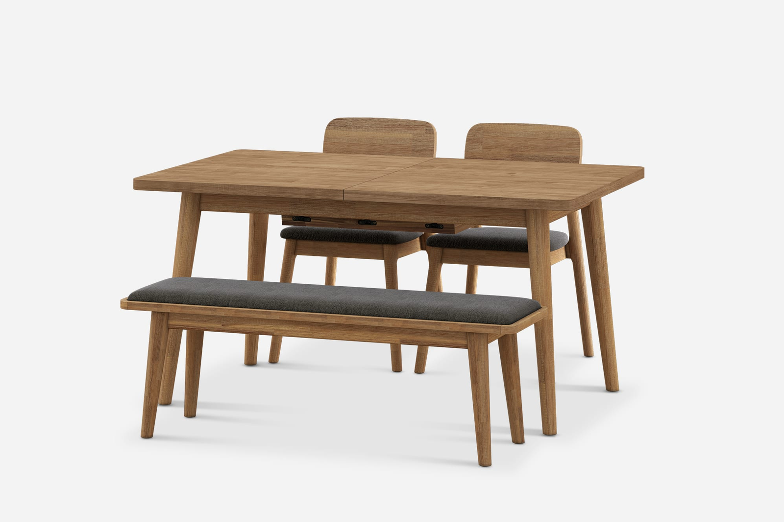 Extended Wooden Dining Table Set with 2 Fabric Chairs and Extended Bench - Brown, White | Seb by Castlery