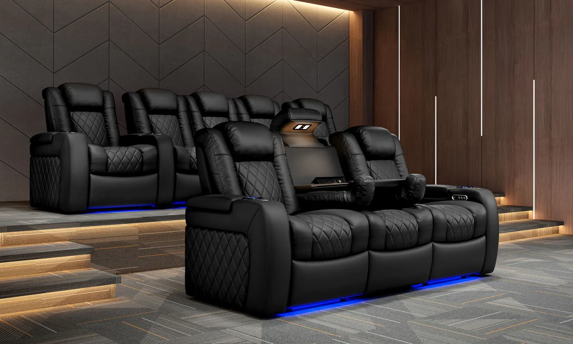 Valencia Theater Seating - Valencia Tuscany Console Row of 3 Premium Top Grain Nappa 11000 Leather Home Theater Seating - Dark Chocolate