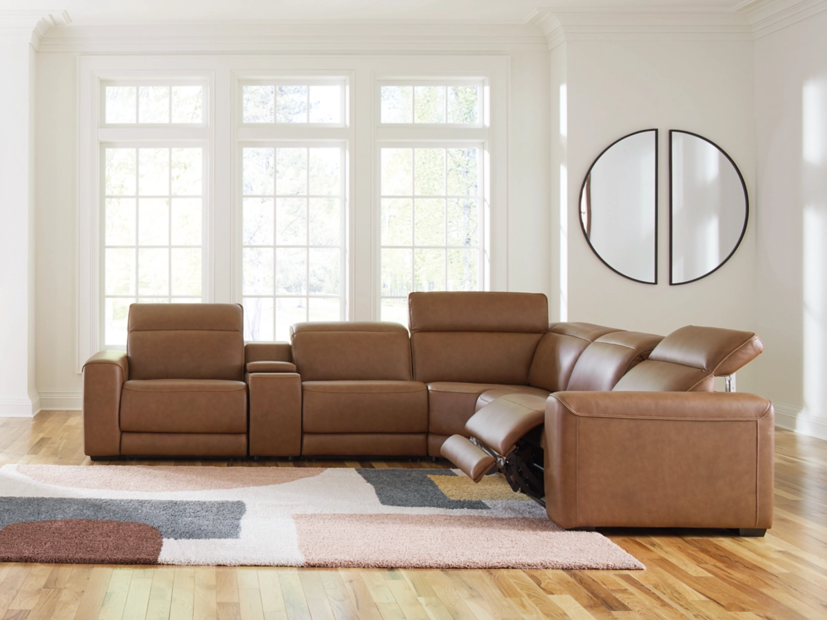Rally-Up 6-Piece Dual Power Leather Reclining Modular Sectional with Console Leather, Caramel by Ashley