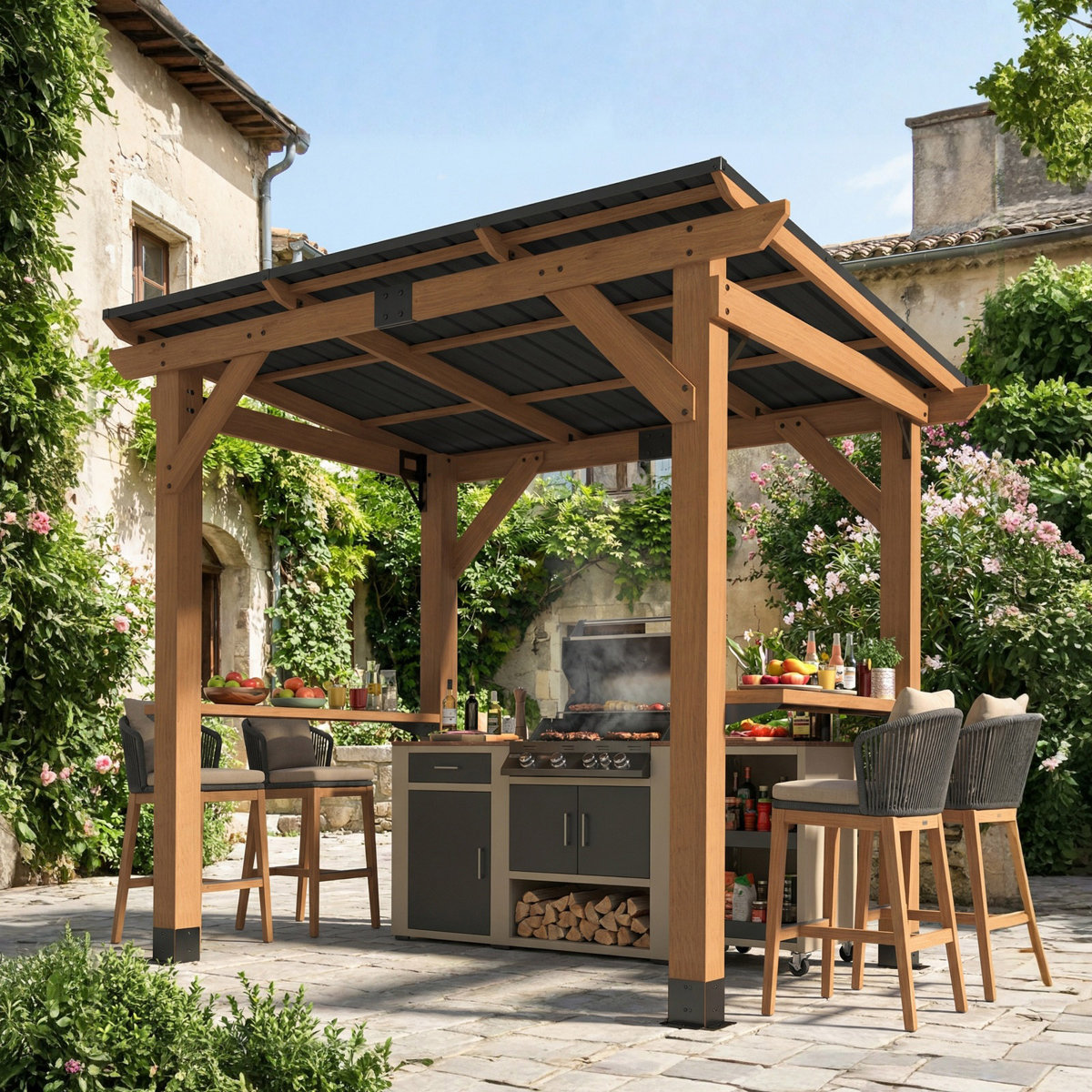 cedar Wood Grill Gazebo with Bar Counter Patio Hardtop Grill Pergola for BBQ cedar Barbeque Shelter with Metal Roof StarEcho